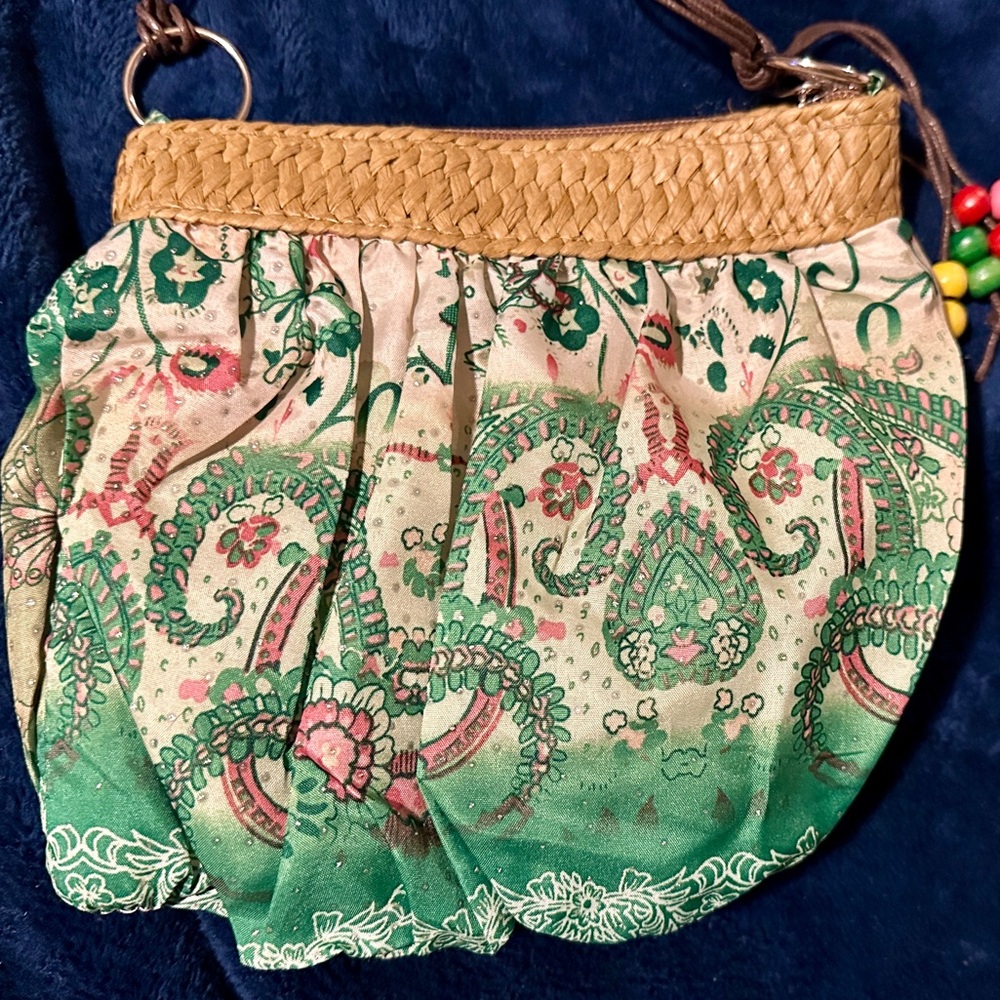 Floral Butterfly Print Crossbody Bag with Woven Accent, 7”x7”